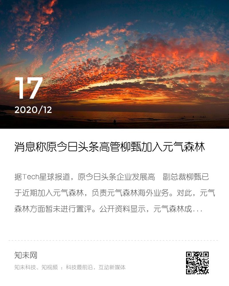 消息称原今日头条高管柳甄加入元气森林分享封面